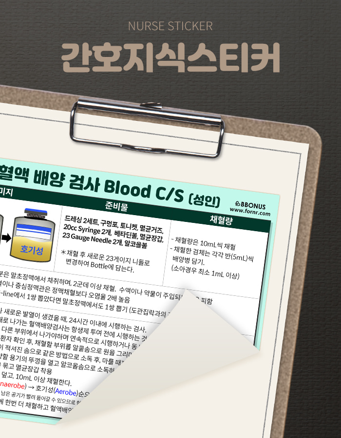 뽀너스 간호지식스티커 (혈액배양검사 Blood C/S) - 간호화 및 간호용품은 뽀너스